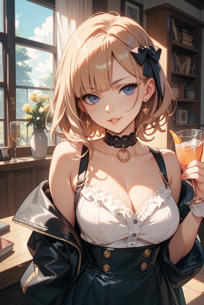 One adult woman,cool,Beauty,smile,blush,Navy blue lolita dress,Long Skirt,straight,long,Blonde,Blue Eyes,Big earrings,Whiskey Tumbler,night,bar,Cheers