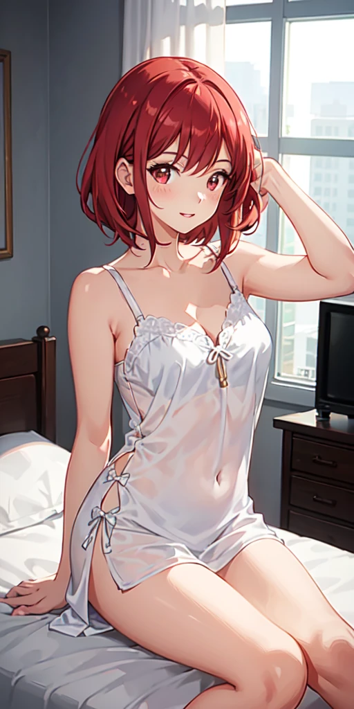 (masterpiece), (best quality), perfect face, beautiful girl, white background background, delicate and beautiful face and eyes, dark intense shadow,
1 girl, vtuber style, cool girl, hololive, Houshou Marine, red hair, pajamas, big chest, cropped shoulders, clavicle, sleeping on bed, body visible through clothes, chest visible through clothes, ass visible through thighs, (full body),