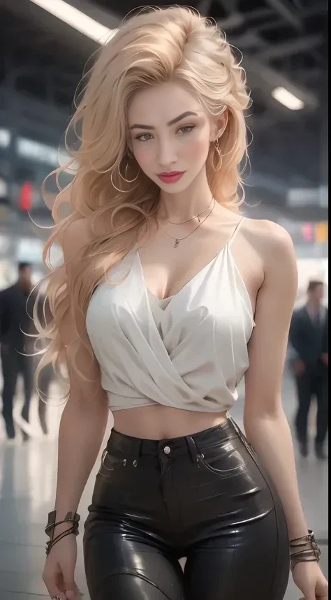 Caucasian woman, blonde hair, wavy hair, long hair, green eyes, lined eyes, red lipstick, smile, athletic body, small breasts, nipples, earrings, necklace, wrist watch, bracelets, red nails, casual top, sexy skirt, walking, shopping center, front view.