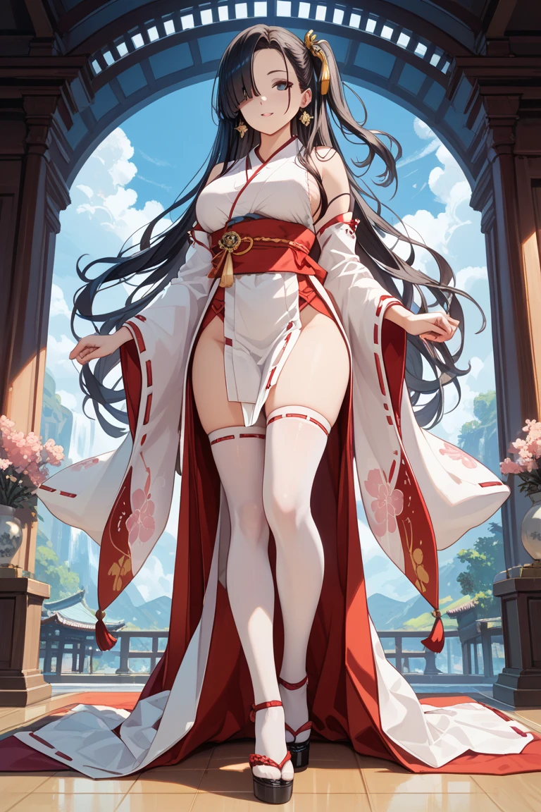 long black hair, female human, gray eyes, beautiful face, red and white priestess robes, full body, , wide hips, thick thighs, full body, wooden wall background, neutral expression, parted fringe, adult, fully clothed, 