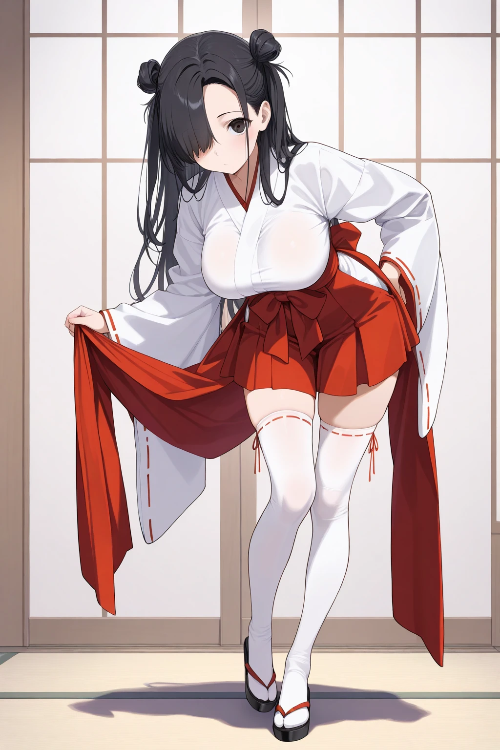 (masterpiece:1.2), best best quality, high quality, highres, 8k, (korean idol face:0.5), 1girl, black hair, (straight long hair:1.2), blunt bangs, plump, abs, muscular, s, detailed sweaty skin, detailed kawaii face, 16yo, detailed sweaty clothes, (miko:1.2), (very short red hakama skirt:1.2), (white kimono:1.4), (white thighhighs:1.2), (red dash line:1.3), japanese sandals with high heels, (japanese traditional white fundoshi:1.4), (lifting skirt by self:1.3), (showing panties:1.3), (outdoors:1.2), in the japanese shrine, public nudity, NSFW, cameltoe:1.2, wet