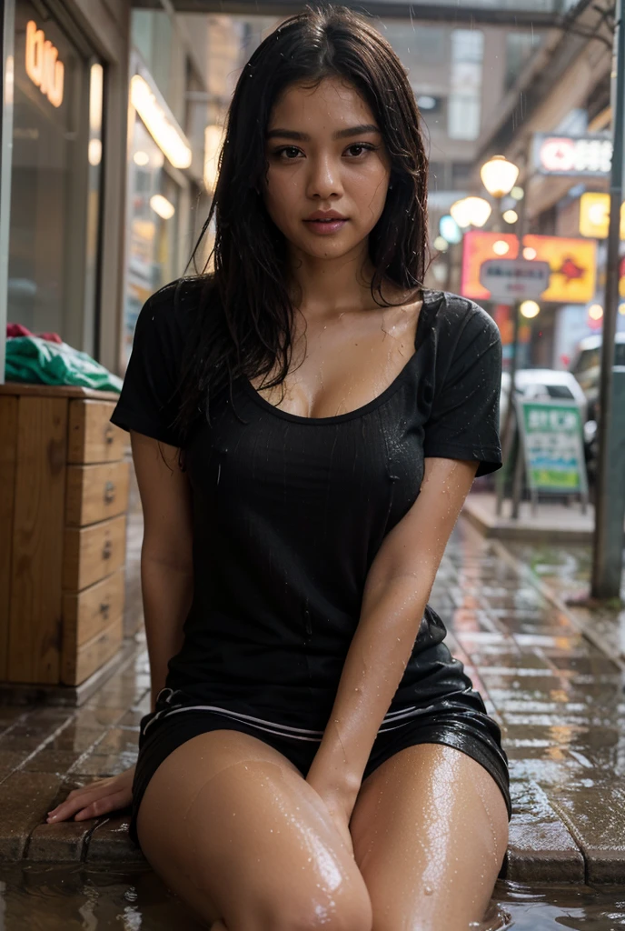 (1girl), ((25 years old Chinese girl, beautiful eyes, long wavy hairs, black hair, Wet Hair, wet skin, wet face, laughing, dimple on cheeks, 165cm height, 55 kg weight)), full_body naked, medium breast, perfect tits, thin hairy pussy, Hongkong street, sitting at a bus stop, with spreading legs, hands on head, showing pussy, facing the camera, at rainy night,