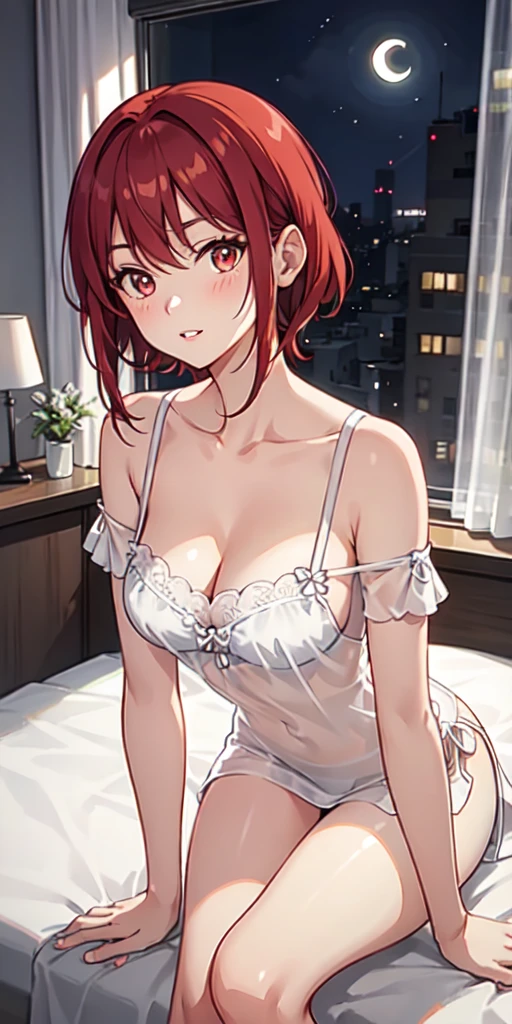(best quality,4k,8k,highres,masterpiece:1.2),ultra-detailed,(realistic,photorealistic,photo-realistic:1.37),beautiful detailed eyes,beautiful detailed lips,extremely detailed eyes and face,longeyelashes,beautifully designed eyebrows,magical expression,well-groomed hair,voluptuous body,slim waist,big breasts,luscious and shiny red hair,sophisticated and sexy pose,glamorous appearance,fantasy lingerie,soft and smooth skin in warm tones,alluring bedroom,seductive lighting,romantic atmosphere,delicate lace curtains,reflected light from the window,luxurious satin sheets,soft and plush carpet,Renaissance painting style,portraits,stunning color palette,subtle shades of crimson and gold,rich and vibrant hues,striking contrast,play of light and shadow,intimate and enticing mood