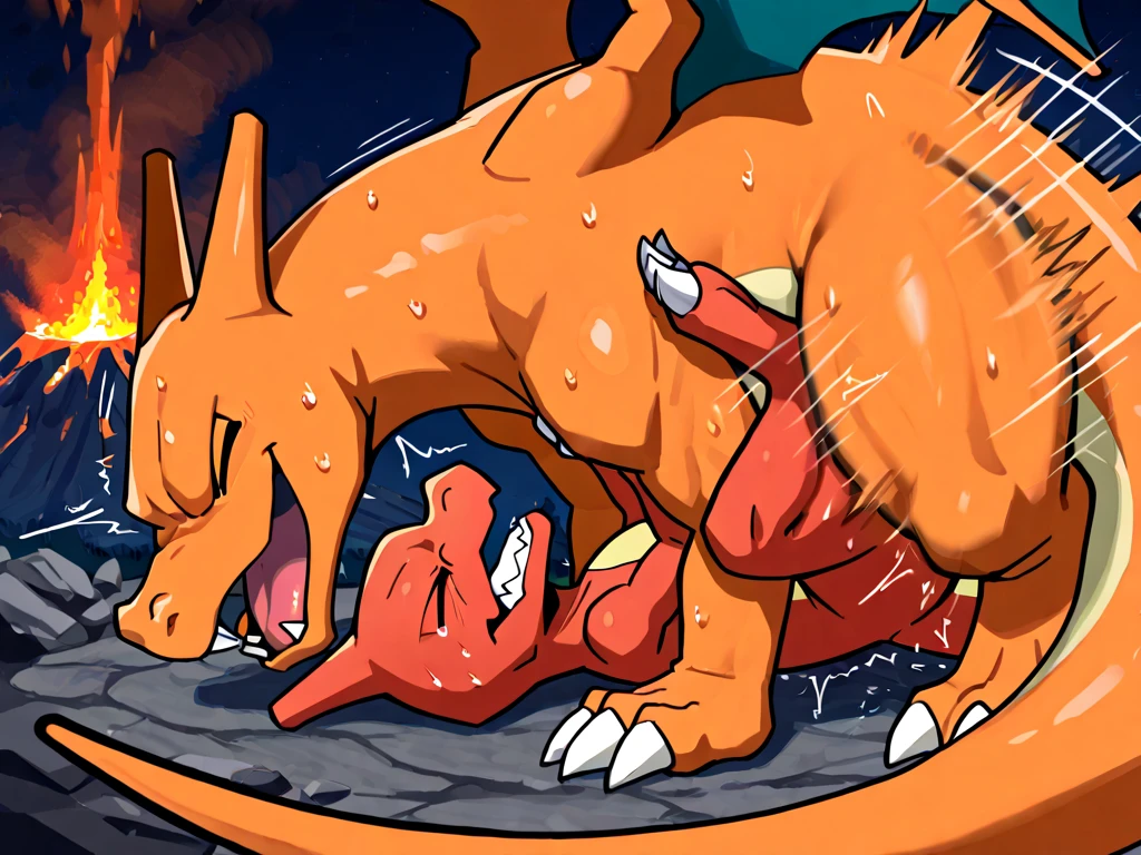A male, fat, large, naked, extremely obese, doctor Charizard, with a giant hyper penis and nipples, large testicles, Large Charizard is ejaculating an extreme amount of sperm from the penis with immense pleasure, Large Charizard is wearing glossy light-blue rubber gloves on the hands around the wrists, wearing glossy light-blue rubber gloves on the feet around the ankles, Large Charizard is wearing a thick glossy black leather dog collar around the neck, Large Charizard is wearing a glossy white lab coat, Large Charizard is wearing a lab coat and black leather dog collar at the same time, thick black dog collar is rubber in texture, light-blue gloves are rubber in texture, sperm is sticky in texture, Large Charizard is clutching penis with hand, rubbing penis with hand, clenching teeth, orgasm face, evil grin, rubber gloves go up to the wrists, rubber gloves go up to the ankles, lab coat is rubber in texture, lab coat and dog collar are worn at the same time. A second male doctor Charizard with a penis and biceps wearing light-blue rubber gloves and a thick leather dog collar around the neck helping the larger doctor Charizard ejaculate extreme amounts of sperm from the penis, second doctor Charizard is wearing a glossy white lab coat and leather dog collar at the same time, second doctor Charizard is rubbing the larger doctor Charizard's penis, second doctor Charizard is shoving his penis inside the larger doctor Charizard's penis, second doctor Charizard is examining the larger doctor Charizard's penis, second doctor Charizard is shoving his penis into the opening of the larger doctor Charizard's penis, second doctor Charizard stroking the larger doctor Charizard's penis, leather collar is shiny and extremely detailed, gloves are rubber in texture and extremely detailed, penis has a large vein, larger doctor Charizard is having his penis pampered by the second doctor Charizard, second doctor Charizard is examining the larger doctor Charizard's penis by rubbing it.