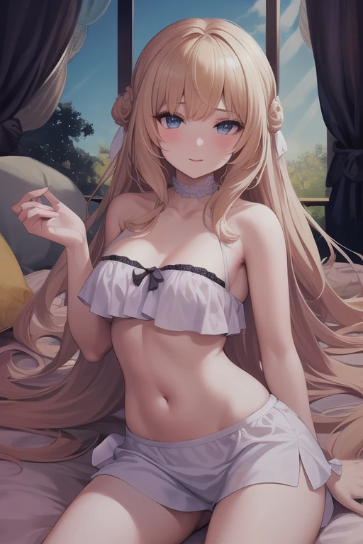 (masterpiece, best quality:1.2), 1girl, solo, FuwawaAbyssgard, breast curtains, see-through, loincloth, harem outfit, hairband, hairclip, chained belt collar, cleavage, shy, outdoors, hot spring, rocks, straddling, from below, <lora:FuwawaAbyssgard:1.1>, <lora:MouthVeilDancer:1>