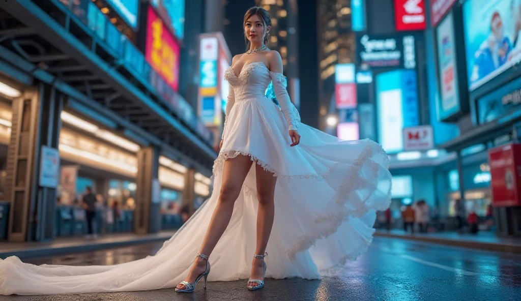 smile, (((wedding dress))),Overhead camera, sharp focus, handsome,plump legs, skinny,professional lighting,eyelines,gold necklace,rendered eyes,tall body,adult woman,hair ornament,official wallpaper, official art