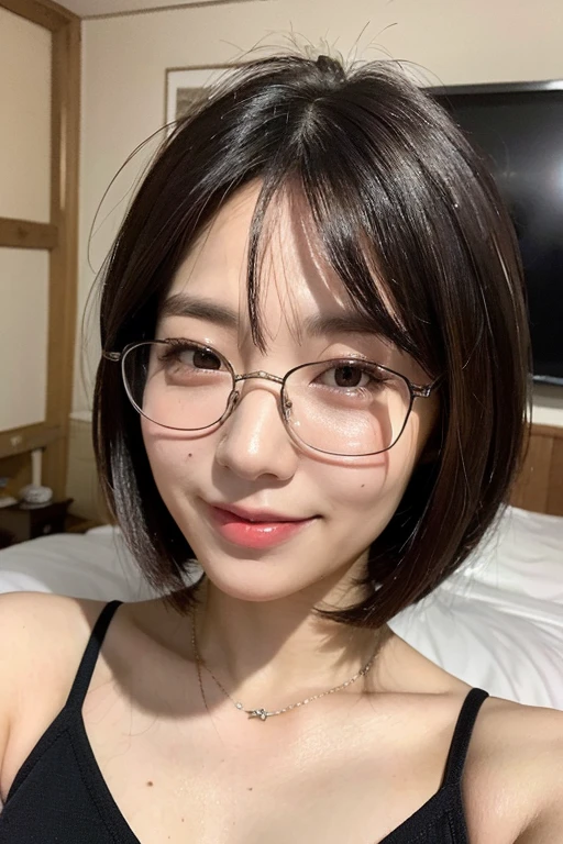 (Actually, High resolution:1.3), 2 girl with a perfect body, Slim face and eyes , big breast ,In House , Wearing Glasses, bangs haircut ,Long Black hair