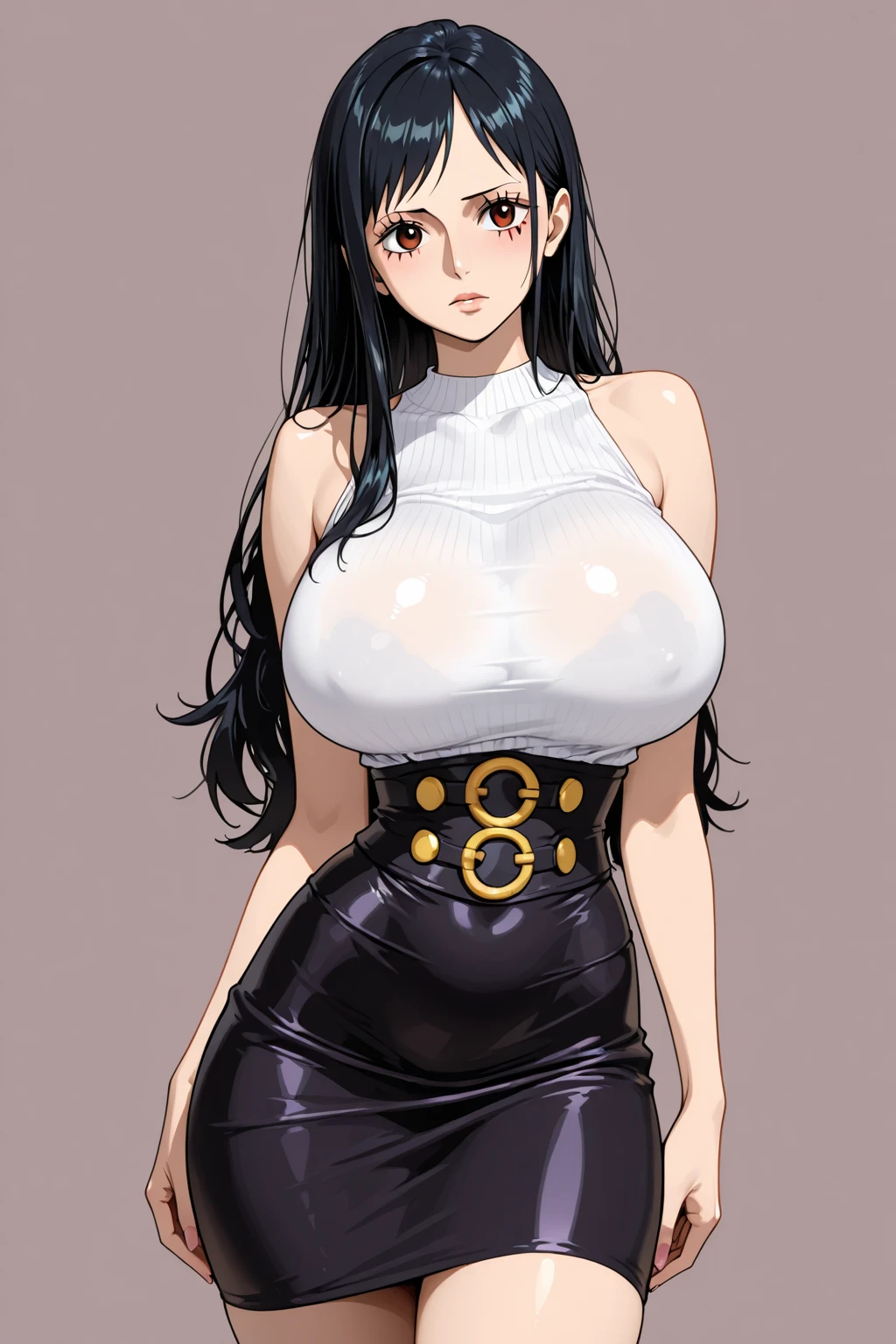 girl (muscular) huge breasts toned body black hair yellow eyes very long hair solo pale skin tight shirt tight pants