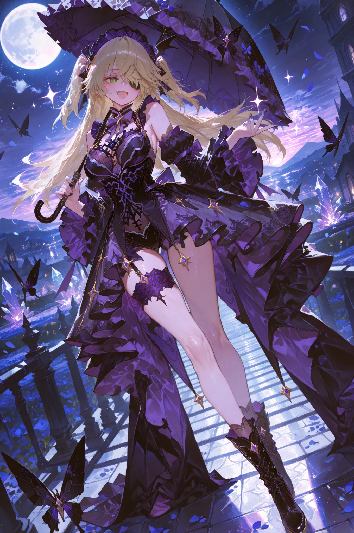 1 girl , long dark blonde hair, slim build, wavy hair with hip length curls, has a short central tuft, She has two short braids on the left and right side of her head..  He has black serval ears with gray and purple on the top of his head. small face. one gray eye and one violet eye, large ribbon on the right and left side of the hair below the serval ears. extremely detailed face, Beautiful detailed eyes, beautiful detailed lips. woman 180 cm tall, adorable, extremely detailed legs, (Best Quality, 4k, 8k, high resolution), ultra detailed, Exquisite and epic character art. Black platform heels, Elegant One Piece Thigh-Length Dress with Ruffle Skirt and Wide Sleeves. gloves. light gray belt with a large blue heart ribbon. black necklace with heart emblem on the neck. Has a succubus tail with a purple star tip.. (wide hip). Luminous black halo with purple star patterns above his head... (medium breast size). Thigh High Mechanical Legs in Black and Luminous Purple, (16 year old woman).