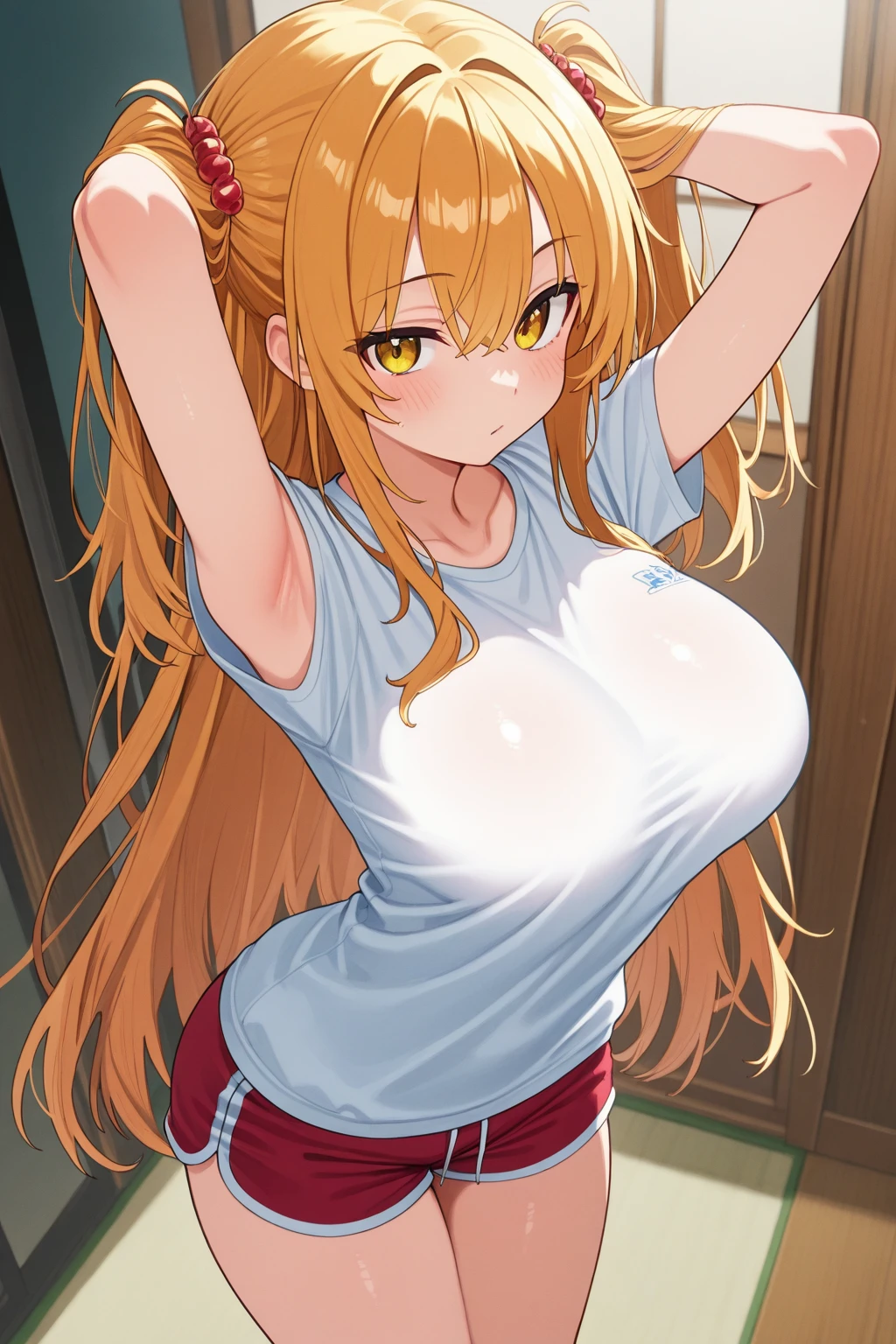 A young, attractive woman clad in a sheer white t-shirt, her figure outlined, squeezes her breasts provocatively. Sweat glistens on her body, enhancing her allure. Her face exudes intense desire and passion, set against the backdrop of a dimly lit room. Fish- eye photo style, pov from side
