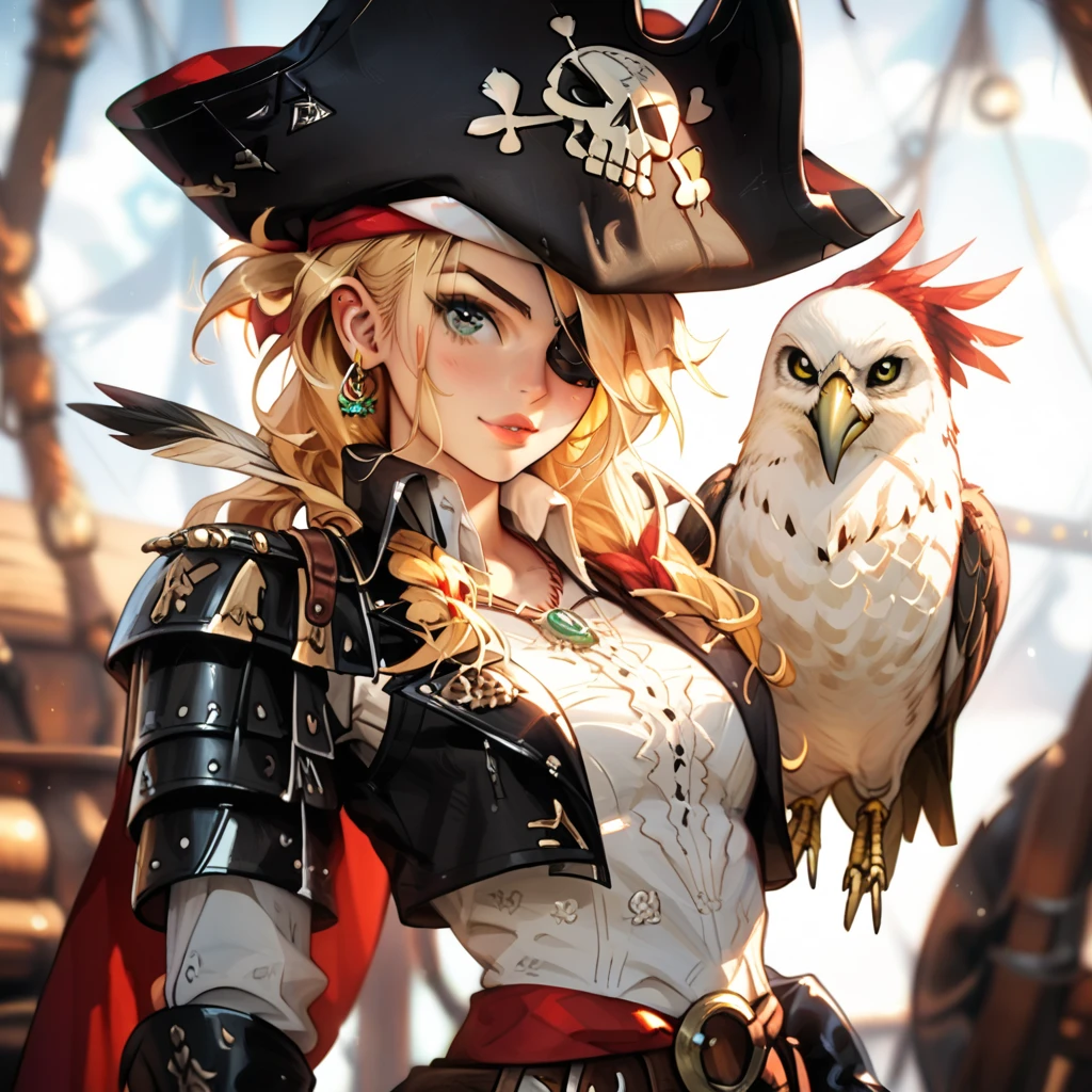 (best quality), (masterpiece), (1girl), solo, beautiful girl, perfect face, perfect body, big breast, pirate costume, cool pose, with her eagle