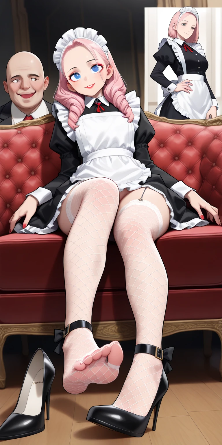 ((highest quality、High resolution))、Portrait、Blonde、Legs wide open、((A beautiful maid girl shows her pussy and invites you to have sex))、Love juice