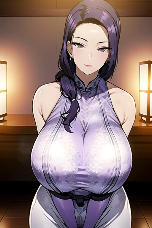 masterpiece,violet lips, violet makeup, She looks over his shoulder ,hands over head, wide eyes, half closed eyes,surprised, puzzled, absurdres, hinata\(boruto\),Akiyama Rinko, 2girl,yuri,kiss,mature female, minidress, perfect composition, detailed lips, gigantic breast, beautiful face, body propotion, short hair, purple eyes, soft gaze, super realistic, detailed, photoshoot, realistic face and body, closed violet turtleneck, (gigantic breasts: 1.1), curvy, cowboy shot, bare shoulders, seductive smile, inside, nightclub, cleavage, (gigantic breasts: 1.4),shine black tight skirt