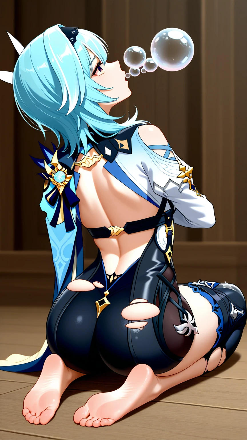 photo (object), photo (object), (photo (object)),through wall, stationary restraints,ass focus,restrained, stuck.1girl, sweat,,shiny skin, ,,white panties under black pantyhose,black gloves, blue hair, blush,gesture, ganyu \(genshin impact\), black pantyhose, purple eyes,