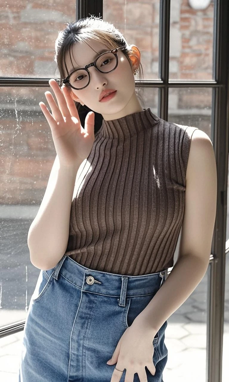 Beautiful woman with detailed body, brown bob hair, skinny pants, high neck, open legs, (wet hair)