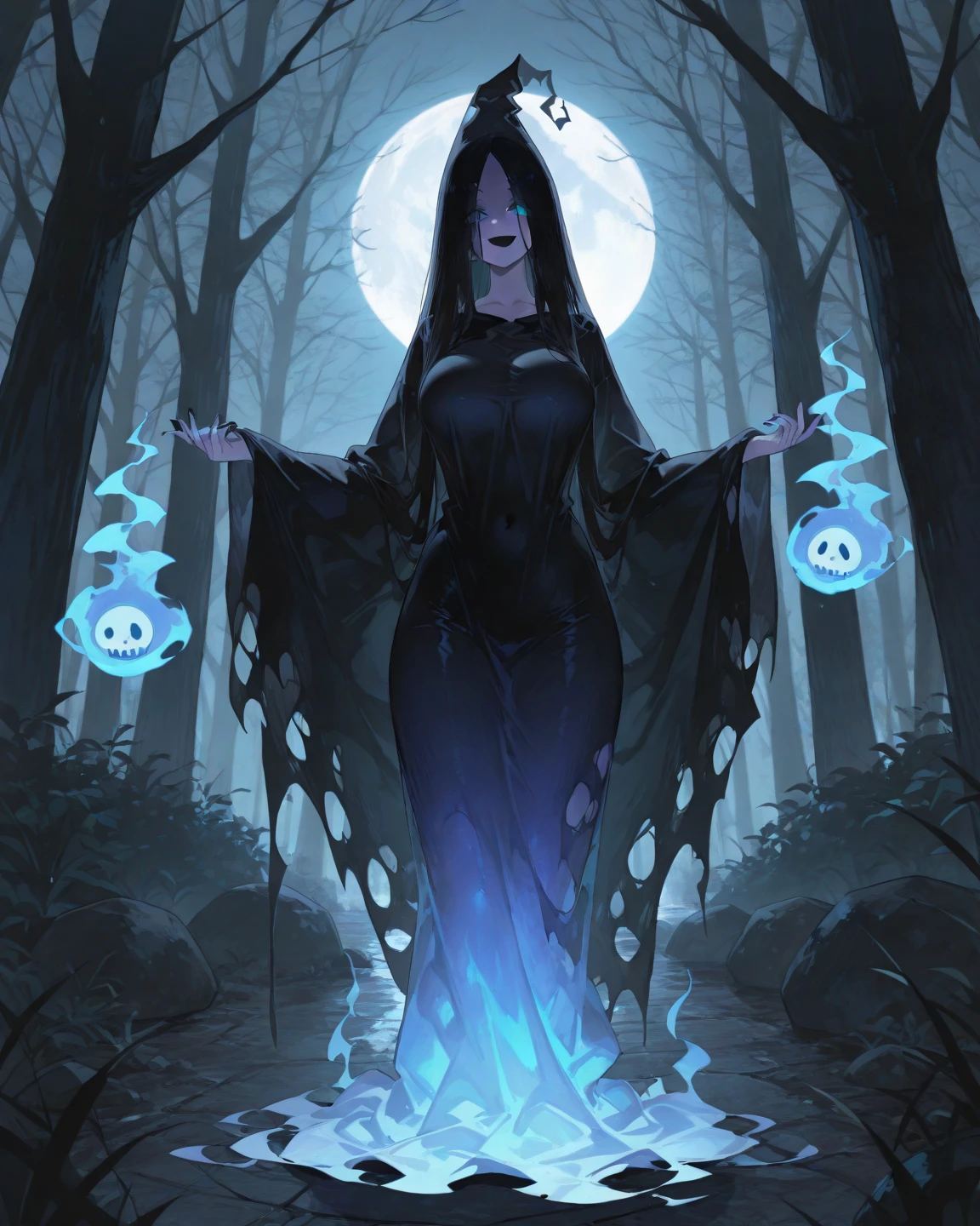 an evil beautiful witch is doing chemical experiments in an old abandoned medieval hut with black magic and a lot of alchemical test tubes, dark fantasy style, smiling, black robes, cleavage, large breasts, thighs, black dress, witch hat, wide brim witch hat, purple hair, purple eyes, glowing eyes, (((purple glowing eyes))), gorgeous