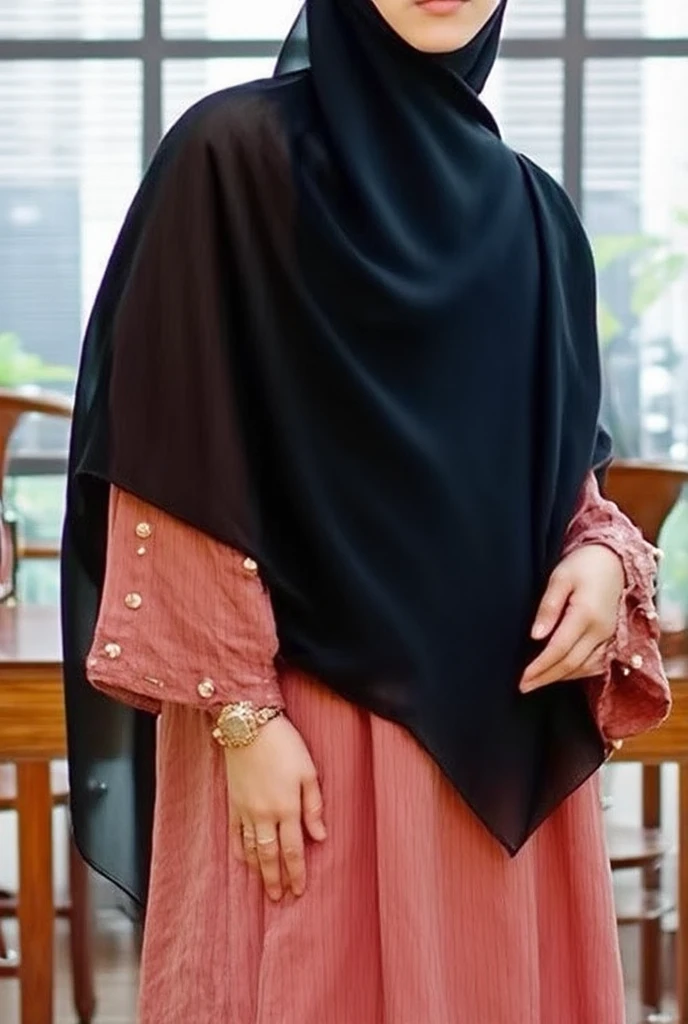 A beautiful Asian girl in a long hijab with tight and clearly visible breasts, In tight black clothes, He was hugging himself sideways, and good quality images