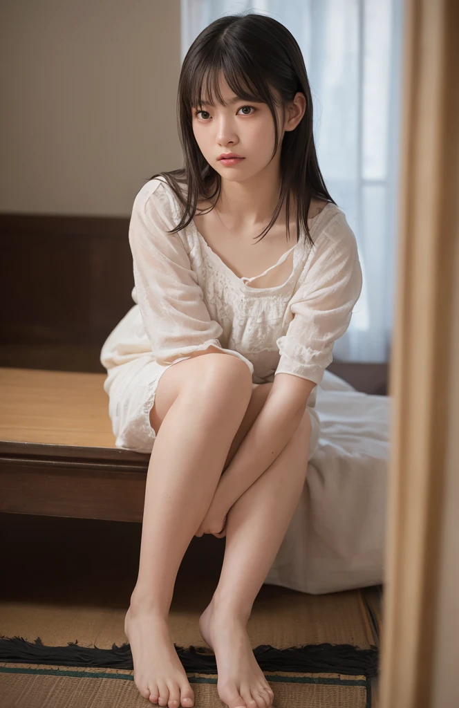 highres, ultra detailed, photorealistic, 1 beautiful Japanese girl, highly detailed beautiful face, medium hair, The beholder's gaze, elegant dress, extremely beautiful legs, embarrassed, (sitting with legs widely opened), stylish bedroom