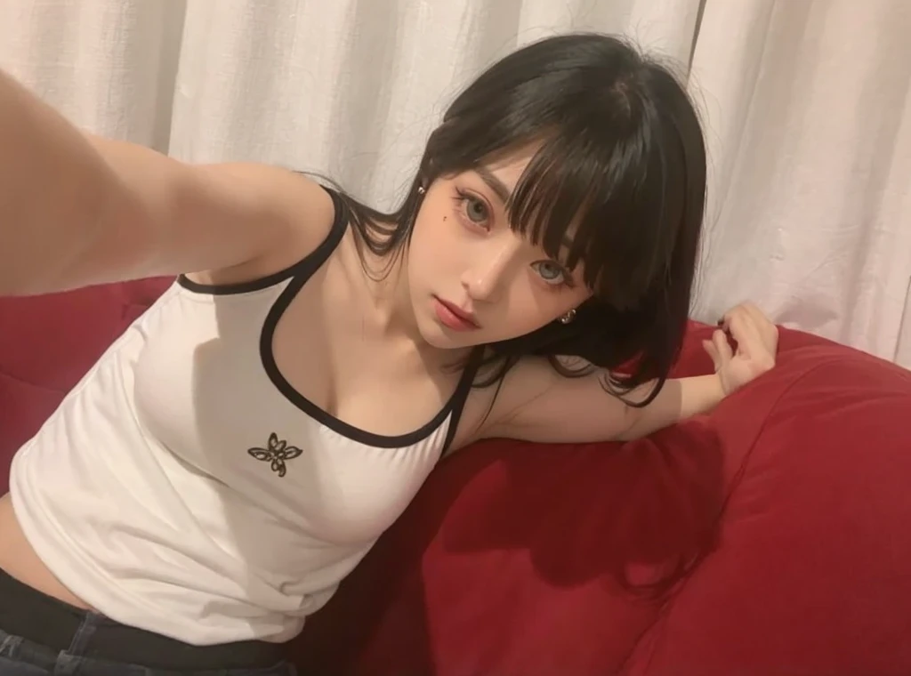 ollarbone,pastel colors t-shirt,off-shoulder look,bare shoulder,midriff peek,string panties,open mouth,(tongue out:2),lying,Selfie,looking ahead,from above,front view,cowboy shot,(1girl,Beautiful 14 year old girl),((Slender,Small breasts,Small face,)),looking at viewer,Black Hair,bangs,one side up,Beautiful and detailed,Mischievous smile,Dimly lit room,Simple Background,bed,pillow,best quality