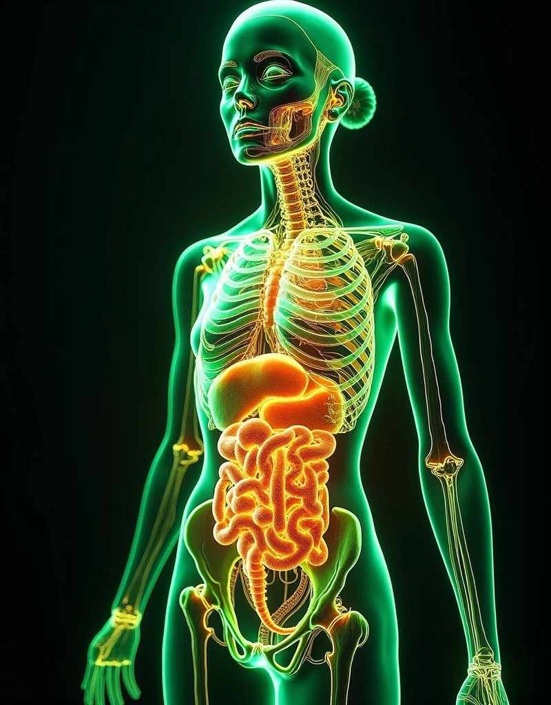 Image of a beautiful woman from the front looking in profile, visible nervous system, visible brain, visible intestine, light orange and blue colors