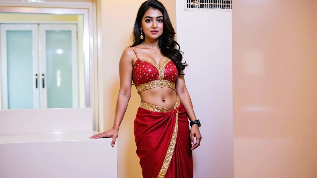 Wearing a sexy satin saree with strapless Bra, sexy Indian housewife, Looks like Indian Actress Nayanthara, actress Nayanthara, mallu, mallu aunty, desi aunty, full figured mature beauty,  sweaty skin , shining skin, sweat, attractive figure, 48 years old, spicy hot, desi milf, desi aunty, a close up of a woman in a red dress in a bedroom, inspired by Avigdor Arikha, sleek!!!, indian super model, wavy hair combed to one side, actress, by Jitish Kallat, smoldering, intense smoldering, fashion, an angel, print ready, with a dramatic looking, inspired by Sudip Roy, seductive look, sexy Saree queen, sexy Saree fashion, seductive Saree,  wear saree, sizzling hot Beauty, red juicy lips, 