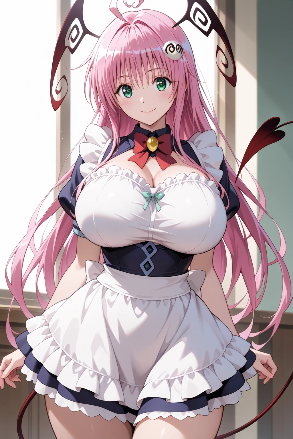 Masterpiece、Highest quality、Super detailed、1 girl、(Big Tits)、Fluffy and soft long hair、Red-pink eyes、Cleavage、(Showing undermile、Too big breasts、Pale pink hair、Maid clothes、Belly button、A room in the palace、Grabbed by the chest