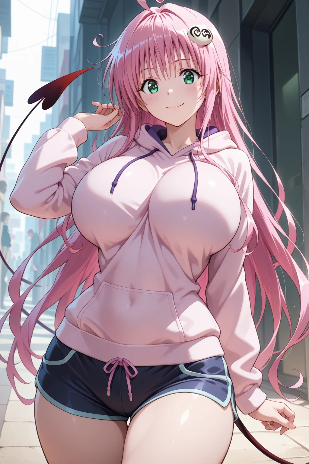1 girl, 19 years old, Long pink hair, green eyes with slit pupils, master-piece, best quality, (standing up), (green hoodie), (long-sleeved, hoodie zipper short dress, cleavage),  (Big , ultra gigantic , Super super big, Glamorous body), Make eye contact with the camera, front figure, looking forward, (light_Smile:1.5), (Detailed hands and fingers:1.2) (Cyberpunk City), (FULL BODYSHOT), thighs thighs thighs thighs、beauty legs、Bare legs