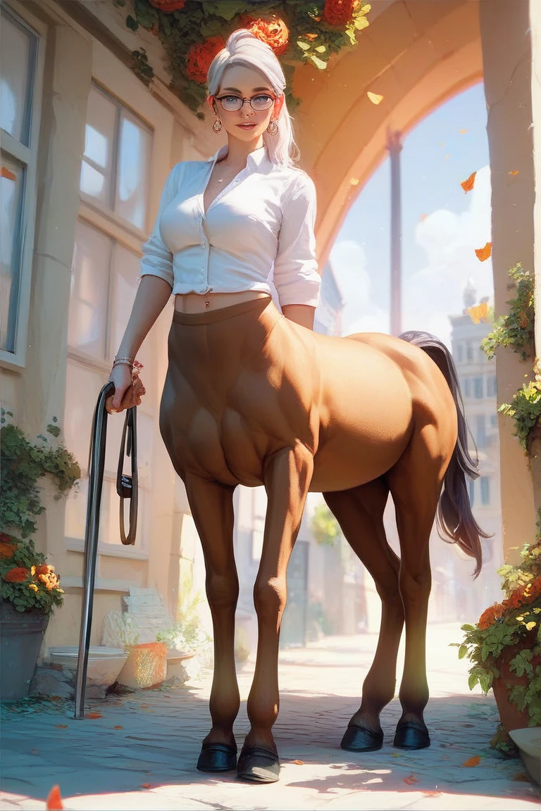 Centaur girl in white hoodie,tmasterpiece,high qulity,volumettic light,4K,A high resolution,tmasterpiece,Sharp focus:1.2,Sweet smiling