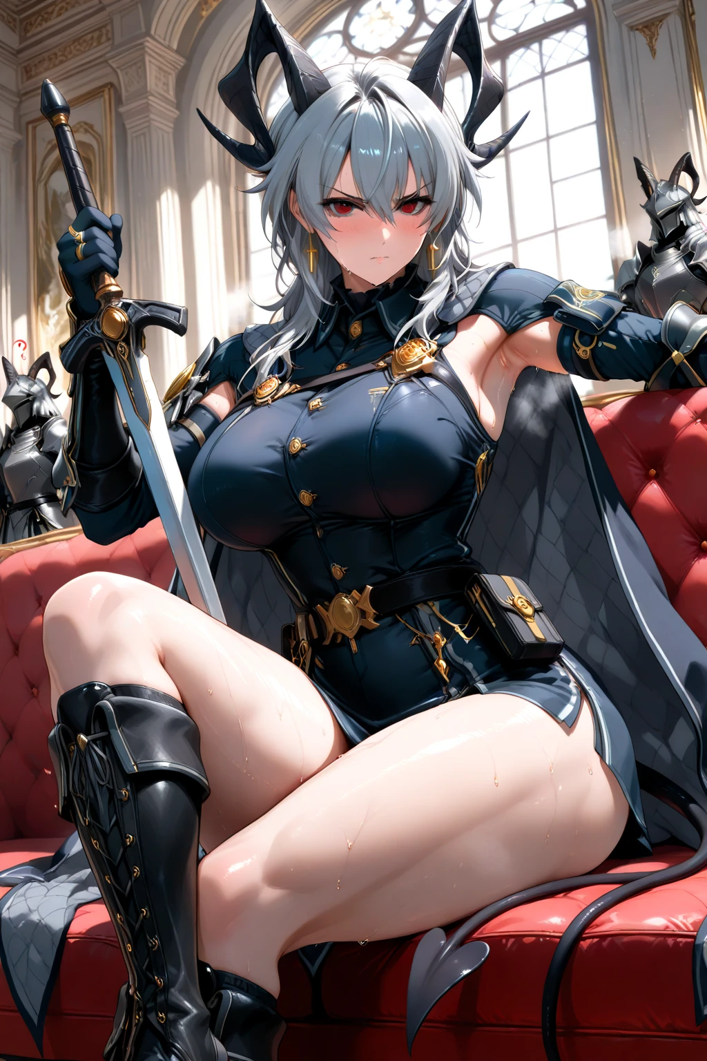 ((Put your hands on your face)), (surprised)), (Red face), 1 girl closeup, Elf, Silver hair, Red eyes, Bob cut, Braided hair, Leather armor, Light armor, Cloak, Leotard, TS, Seated, Concept art, Beautiful anime scene, Beautiful anime scenery, Best quality, Masterpiece