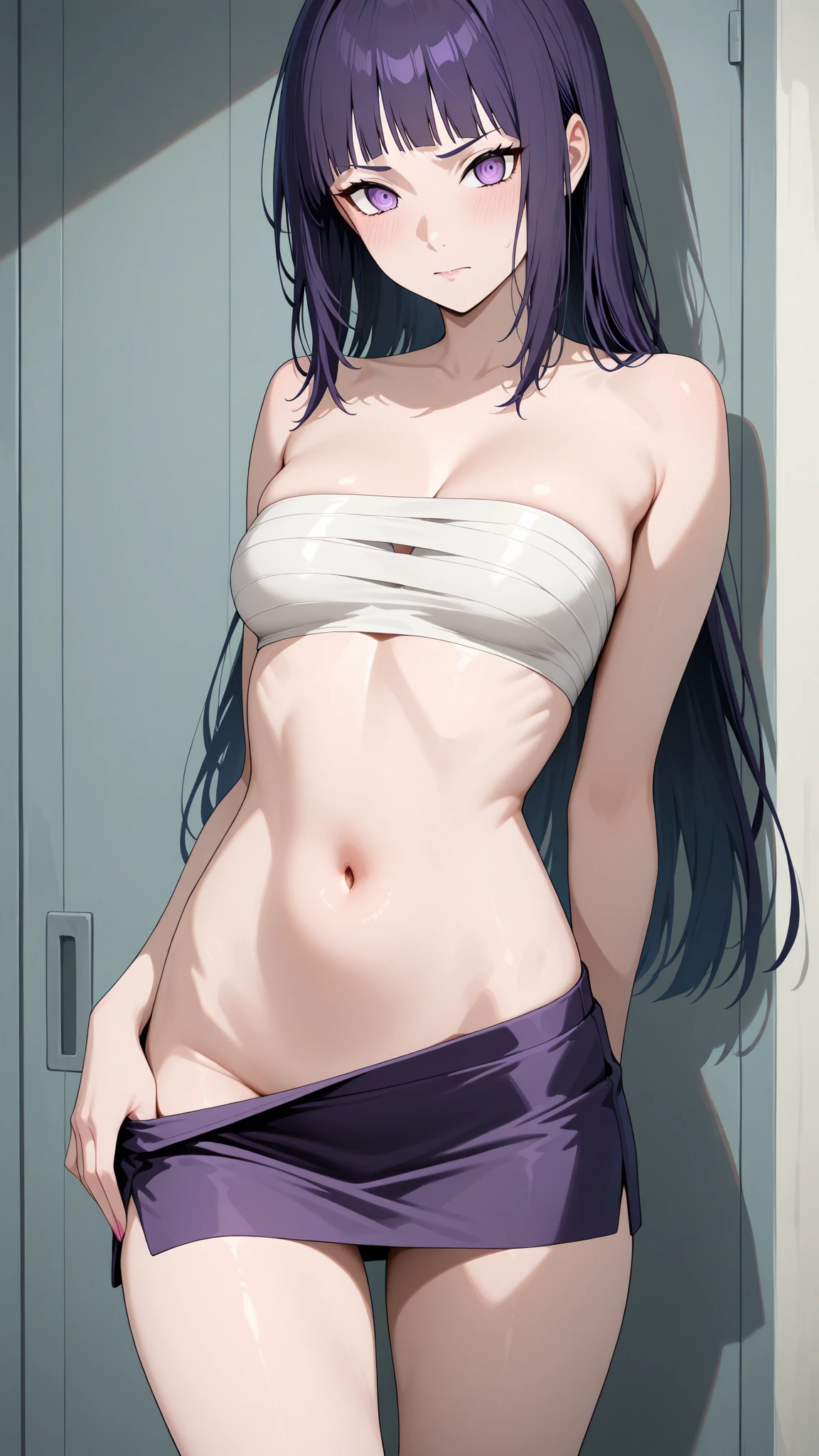 Komi shoko, 1girl, solo, looking_at_viewer, blush, (high detail), ((clean lineart)), full_body, top quality, purple hair, long hair, (panties), ((thick thighs)), standing