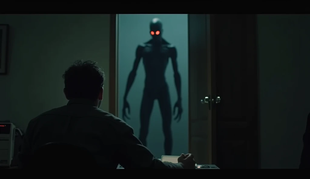 (photorealism:1.2), Terrifying alien in a room of a house, On the wall of the room there is a painting with some words written in blood that say TERROR MG, In the dark