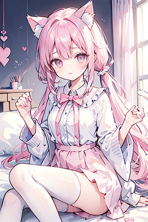 Girl with pink hair, long double-tailed hairstyle, ((small pink bushy eyebrows)), dressed in lolita clothing, marked vagina, lolicon (Zankuro) drawing style by zankuro artist, Zancro style, image uploaded to R34, looking at the camera with a flirty smile, modeling in his room, male pov, (panties pulling, self-pulling, pink panties:1.1) panties pulled to his knees