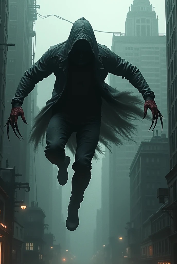 side view, a man floating in mid-air falling down the void, centered, wearing a blue jacket, lateral view. the wide infinite walls are filled entirely with demonic monsters with black melting skin, overlapping and interwhinted monsters, hundreds of monsters strech their claws trying to reach the man body, horror art, windblown, dim light, digital illustration, long shot, dramatic light, long aerial shot, fog and mist atmosphere, hundreds of claws, inmense void, speed sensation, gloom and eerie, windblown, monsters hundred arms, obscure, despair, gray blue and carmin color palette, handraw