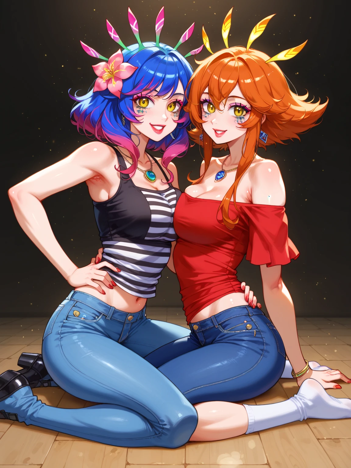 anime - style image of two women in blue and red swimsuits sitting on a blanket, two beautiful anime girls, anime girls, commission for high res, anime lush john 8k woods, [ 4 k digital art ]!!, oc commission, digital anime art, fullbody commission for, smooth anime cg art, nixeu and sakimichan, ecchi anime style
