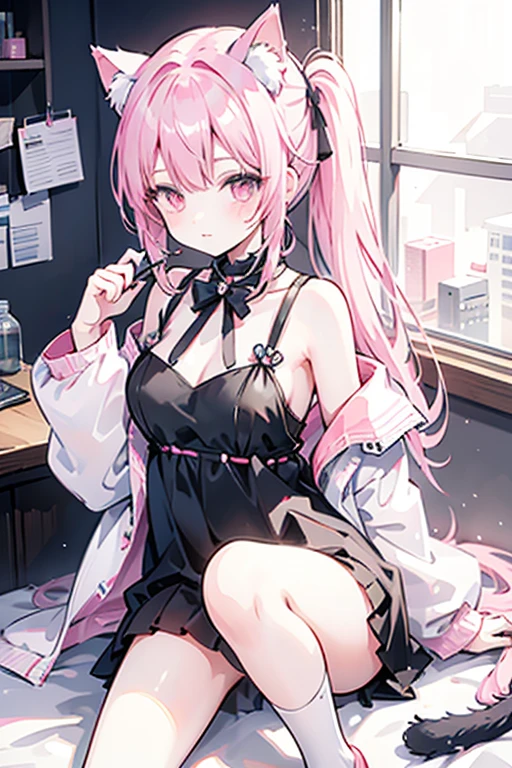 High detail, Heart-shaped pupils,Nurse hat,Pink nurse's uniform,Love pupils,cropped shoulders,Red Cross,Slender maiden,highly rendered,detailed face with,white stockings,hason,