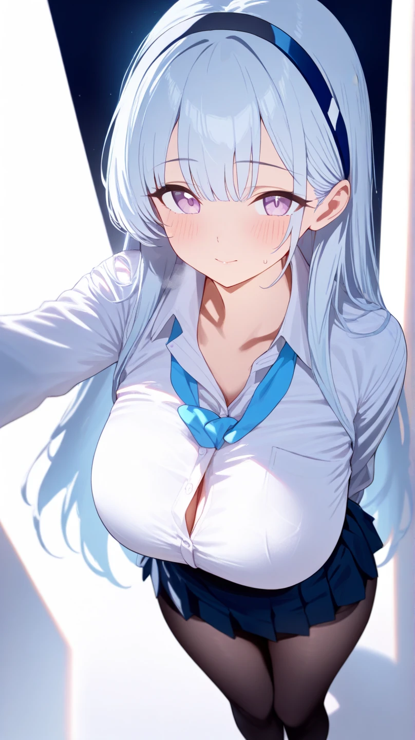 hair ornament, very long hair, japanese clothes, professional artwork, Intricate Details, field of view, sharp focus, detailed painting, photorealistic lighting, trending on pixiv, Standing at attention, ((school girl, summer school outfit)), ((large breasts:1,3)), Beautiful body,Beautiful Nose,Beautiful character design, perfect eyes, perfect face, looking at viewer, SFW,official art,extremely detailed CG unity 8k wallpaper, perfect lighting,Colorful, Bright_Front_face_Lighting, (masterpiece:1.0),(best_quality:1.0), ultra high res,4K,ultra-detailed, photography, 8K, HDR, highres, absurdres:1.2, Kodak portra 400, film grain, blurry background, bokeh:1.2, lens flare, (vibrant_color:1.2), shikkoku_yorihime, (happy smile, cheers), ((looking at viewer, front body pose, front view))