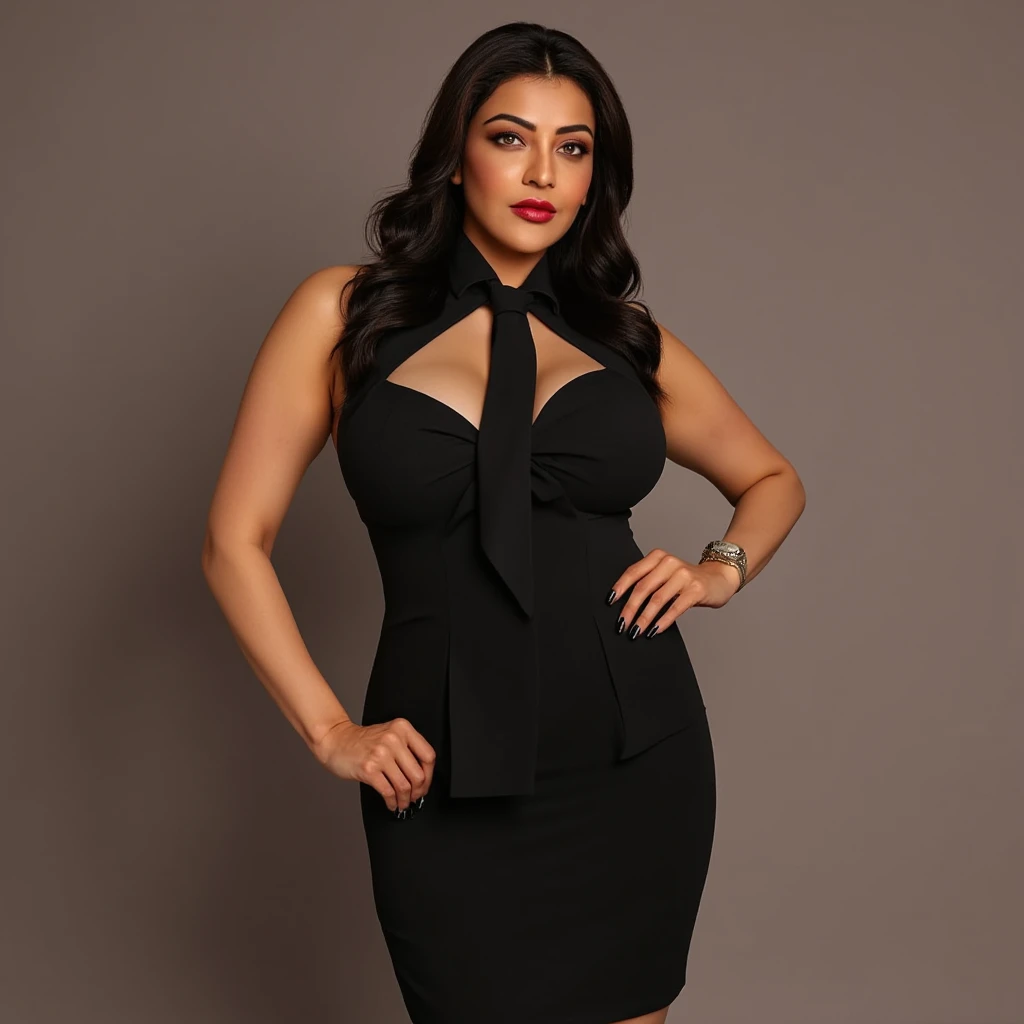 a woman in a black gown poses for a studio photo, stylish dark dress, sophisticated dress, an elegant woman in black gown, she is wearing a black gown, black gown, Elegant dress, elegant asymmetric, full black gown, wearing an elegant dress, dark black gown, dark dress, black gown with belt, black gown : : symmetrical face