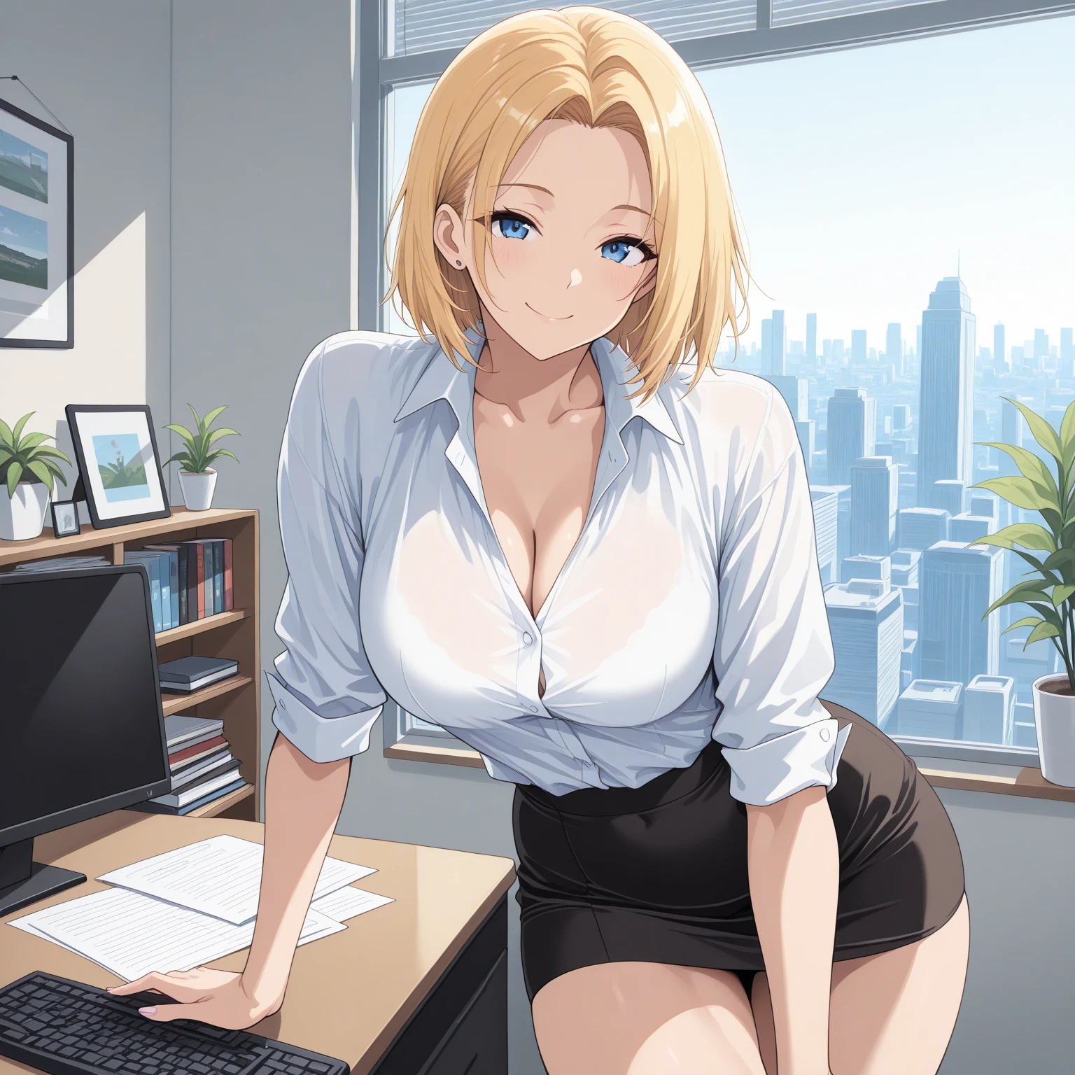 1 girl, ponytail blonde hair, blue eyes, big breasts, curvy body, black shirt, black skirt, black stockings, standing in the office building staring at the view