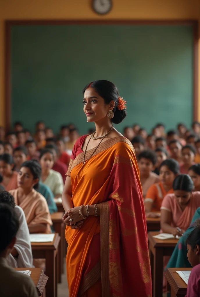 A bold teacher teaches children with very limited dress in saari very deep cleavage