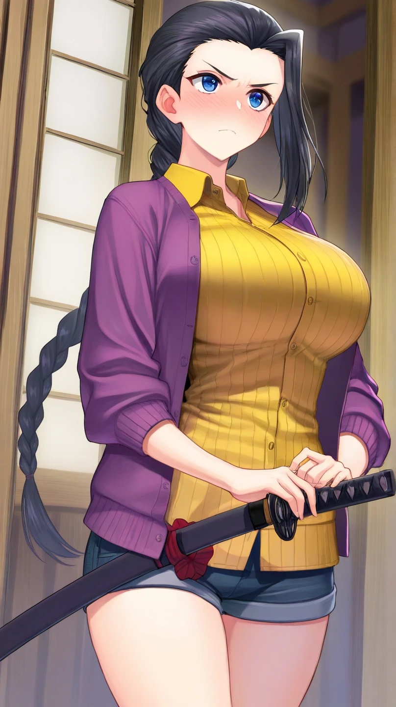 Hinata smoking weed, big breasts, library background, purple top,black skirt, pink panties, smoking a joint