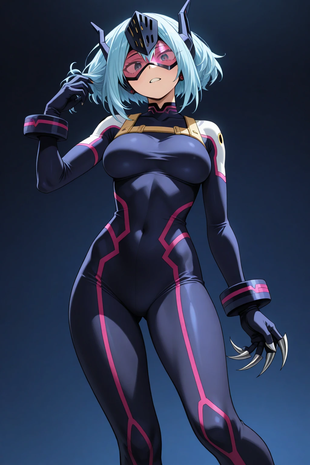 masterpiece, best quality, wallpaper, HDR, high quality, high-definition, extremely detailed, xenovia, playboy bunny, rabbit ears, smile, blue leotard, pantyhose، blushed, healthy skin, cowboy_shot, standing. 