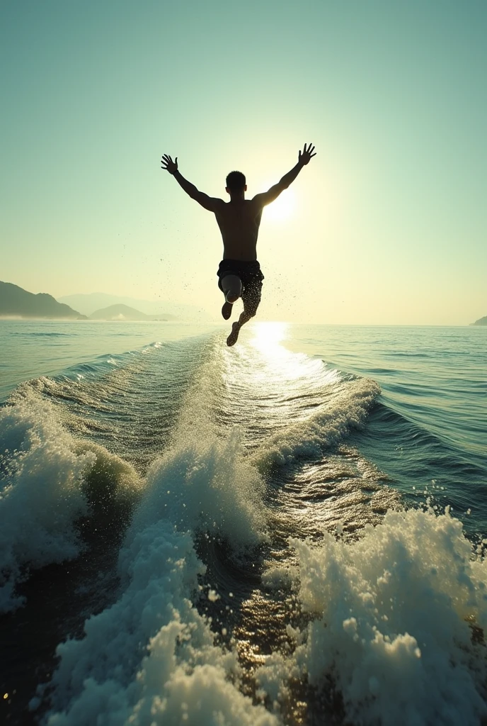 A man falling scene in the sea from a small boat, 3d animated, fantasy and cinematic.