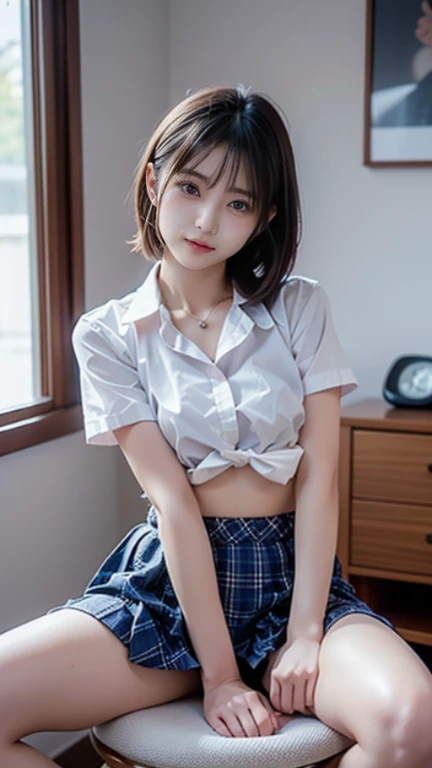 (masterpiece:1.2, highest quality), (realistic, photorealistic:1.4), beautiful illustrations, (natural side lighting, movie lighting), Depth of written boundary,
looking at the viewer, Front view, 1 girl, English, high school girl, 20 years old, perfect face, Cute symmetrical face, shiny skin, open legs,
(bob hair:1.7,blonde), asymmetrical bangs, Big eyes, droopy eyes, long eyelashes chest), thin,
beautiful hair, beautiful face, fine and beautiful eyes, beautiful clavicle, beautiful body, beautiful breasts, beautiful thighs, beautiful feet, beautiful fingers,
((fine fabric texture, brown knit vest, short sleeve white collar shirt, navy pleated skirt, Navy bow tie)),
(beautiful scenery), evening, (Inside the flower shop), Are standing, (smile, Upper grade, open your mouth), (((skirt lift, white sexy panties, genitals visible))), full body shot, dark blue socks, sexy face, inverted nipples,