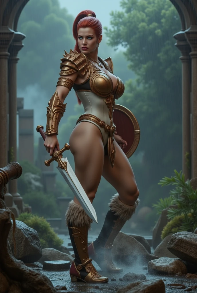 ((1girl)), full body, 80s_teela, a woman wearing armor, modelshoot style, anime, (extremely detailed 8k wallpaper), masterpiece, best quality, ((intricate detail)), absurdres, (((red hair))), ((blue eyes)), ((perfect face)), muscular thighs, muscular arms, suggestive smile, skin texture, (tone mapped), ((outline)), dynamic angle, dynamic pose, fantasy battlefield setting, <lora:Teela_MK4:0.8>