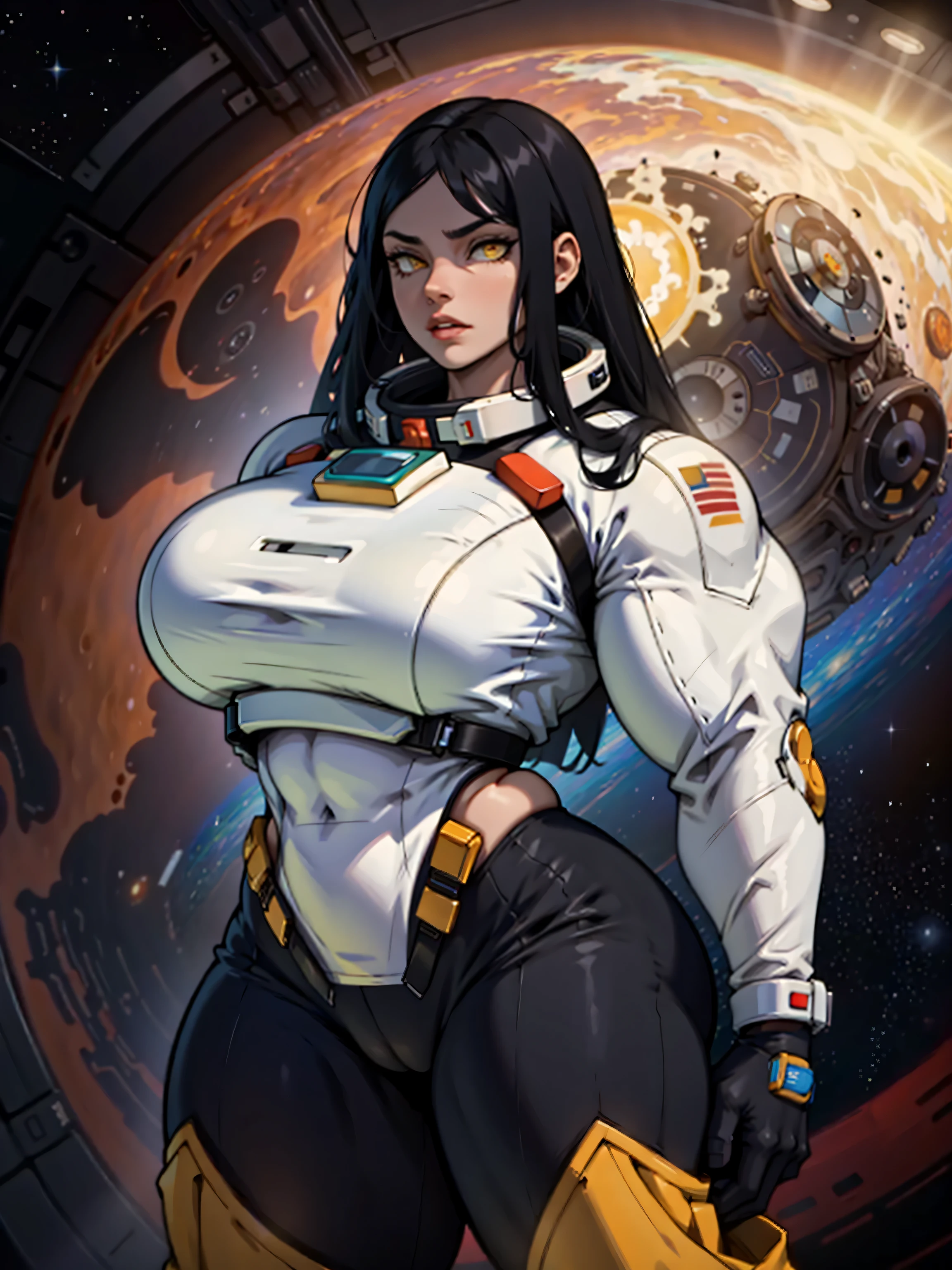 1girl solo black hair yellow eyes very long hair pale skin muscular muscular muscular muscular toned body huge muscles thick thighs girl tight clothes angry blushing messy hair leggings tight shirt long sleeves thick thick thick thick thick thick (piloting spaceship) (piloting spaceship) (piloting spaceship) (piloting spaceship) (piloting spaceship) (piloting spaceship) (piloting spaceship) 