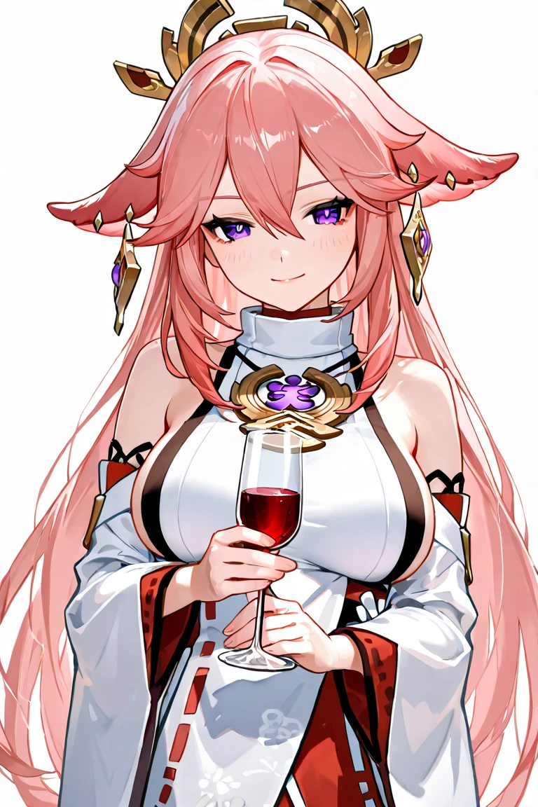 yae miko, 1girl, alcohol, alternate costume, armlet, bare shoulders, black background, black dress, black gloves, black thighhighs, breasts, cleavage, criss-cross halter, cup, dress, drinking glass, flower, gloves, gradient background, hair between eyes, hair flower, hair ornament, halterneck, holding, holding cup, jewelry, large breasts, long hair, looking at viewer, necklace, pink hair, pink nails, purple eyes, see-through gloves, solo, thighhighs, thighs, very long hair, wine, wine glass, ((masterpiece))