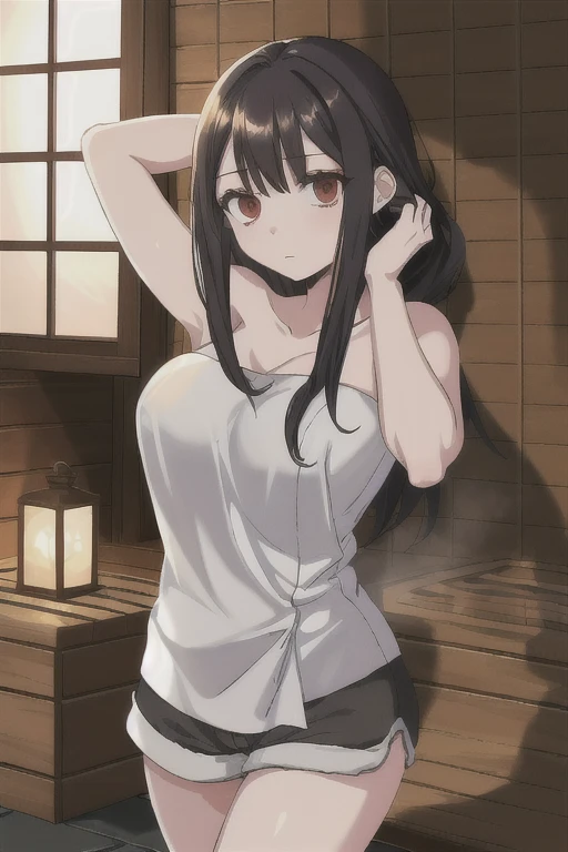 ((best quality)), ((masterpiece)), (detailed), perfect face, brown skin anime girl wearing a deep V neck japanese outfit, (bare shoulders), famished in hunger, (gently resting hands on stomach), (long hair), (hands on her stomach)