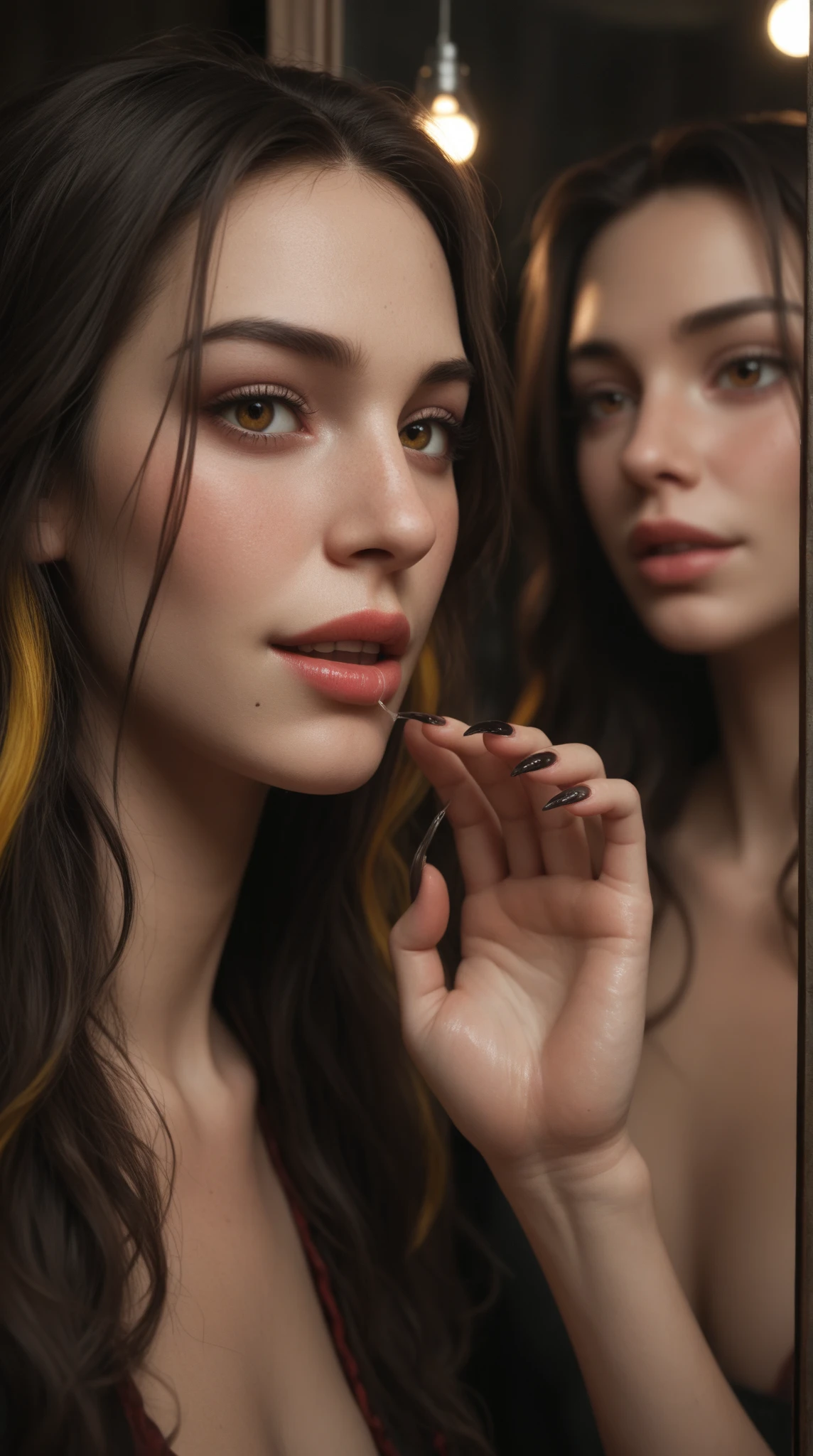Realistic woman getting drunk on dopamine looking like a crazy person to a smartphone scream, to a deplorable state, addiction, decadence, irresponsible pursuit of pleasure --auto