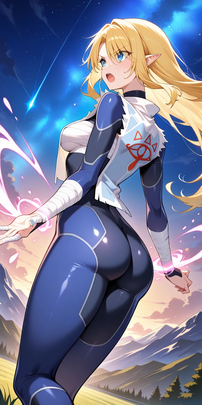best quality,ultra detailed,solo,score_9, score_8_up, score_7_up, score_6_up, score_5_up, score_4_up, source_anime, 1girl, clara, blue hair, hair tubes, grey eyes, bodysuit,big breasts, standing sexy pose, (behind view,portrait),full body,heavenly ass, heavenly breasts, big ass, no shoes, wearing white heels, upset, face, long legs, tight bodysuit, tight sleeves, white bodysuit, half-closed eyes, backside, charging dark power, charging dark energy, dark energy, using dark power, using energy, using dark energy, charging dark energy, dark aura, backside