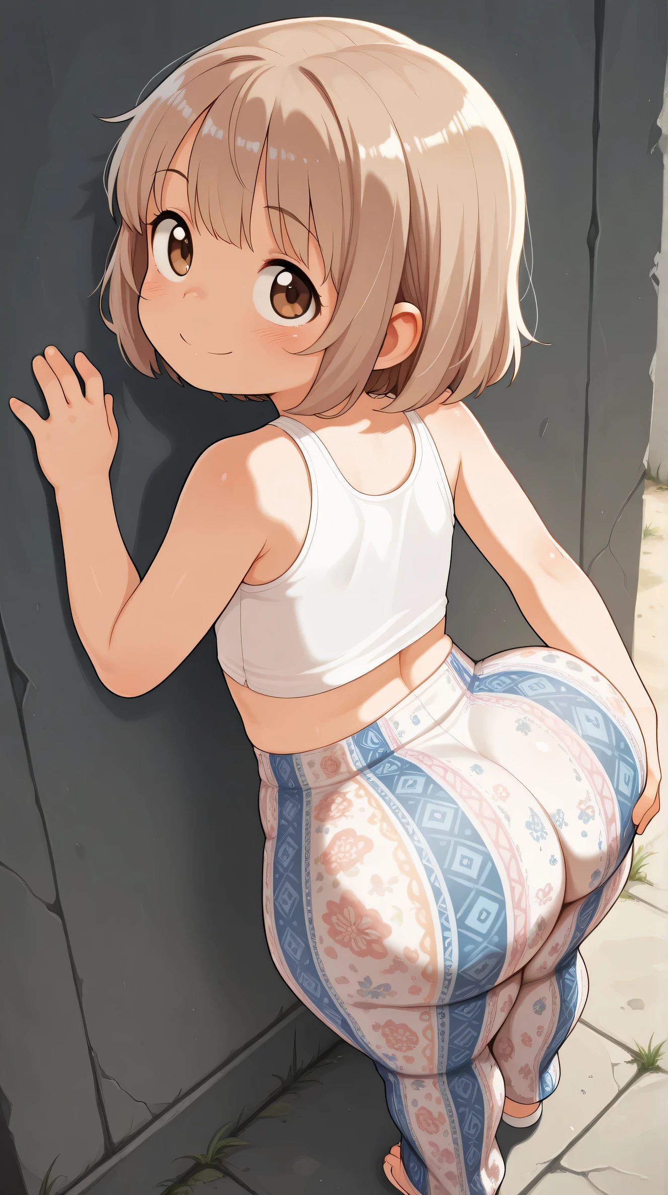 masterpiece,child, below the age of 18, 11 years old, little-girl, shortstack, under-age, early/teens, im/mature, Juvenile, short, from above, 120 cm in height, short, petite, best quality, highres, absurdres, 1girl, long light brown hair, brown eyes, freckled body, from below, white crop top , printed flare pants, ass, hand on butt, looking up back, smile, Leaning against a wall,ass